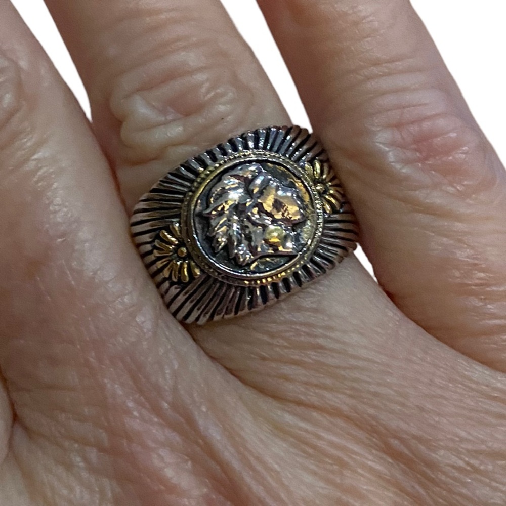 2 Tone Silver with Gold Native American Head Ring